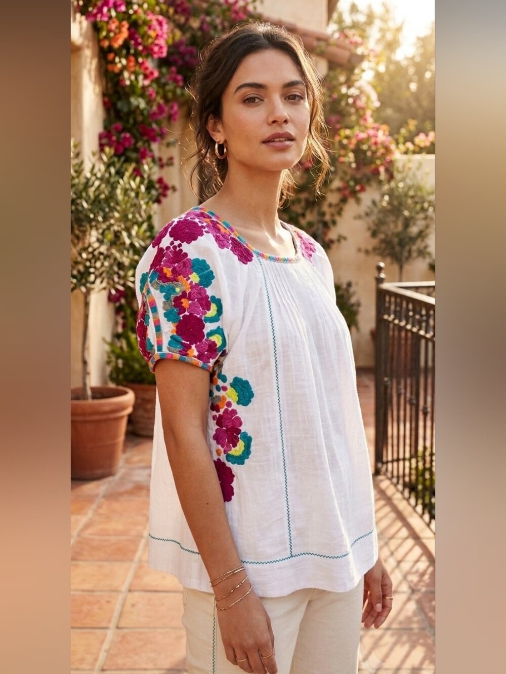 Anthropologie Embroidered Floral Boho Top Blouse Small